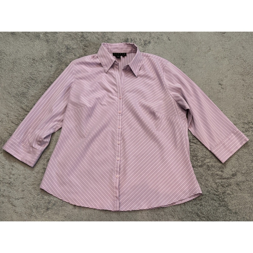 Ninety Blouse Womens 1X Long Sleeve Button Top Purple Striped Career Office